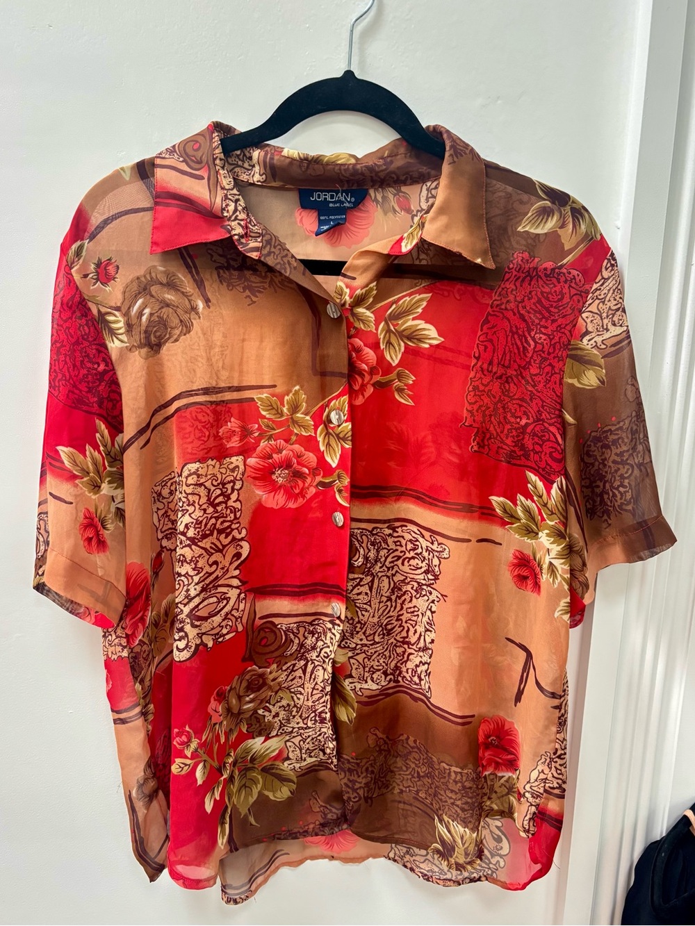 Jordan Red Brown Floral Button-Up Top blouse sheer Y2K patchwork print size L
